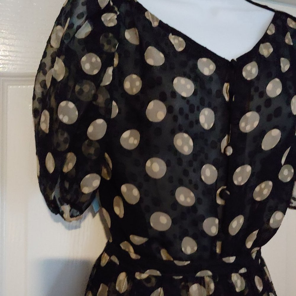 Hanae Mori Vintage 100% Silk Short Sleeve Button Top Tiered Midi Skirt Polka Dot - Picture 6 of 16
